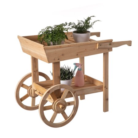 VINTIQUEWISE Wooden 2 Tier Rolling Bar Cart with 2 Wheels and Shelves QI004294